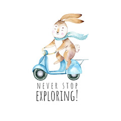 Watercolor hand painted bunny, cute bunny on bike