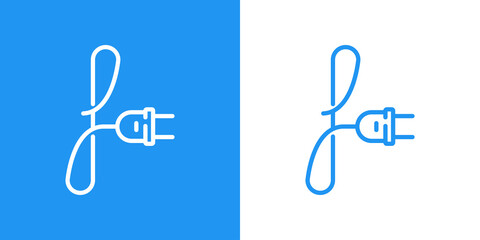 Concepto energía eléctrica. Logotipo lineal letra inicial F con enchufe eléctrico con cable en fondo azul y fondo blanco © teracreonte