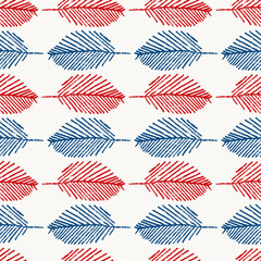 Mono print style leaves seamless vector pattern background. Horizontal rows of navy blue red scribble effect foliage on white backdrop. Geometric hand crafted repeat for summer or Americana concept