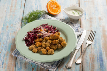 swordfish croquettes with red chicory salad