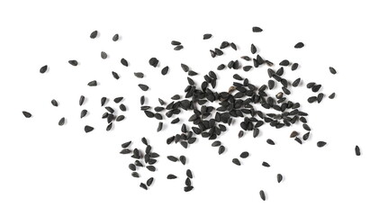 Black cumin, caraway seeds isolated on white background, top view
