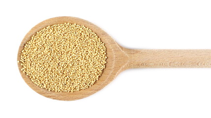 Amaranth seeds in wooden spoon isolated on white background, top view