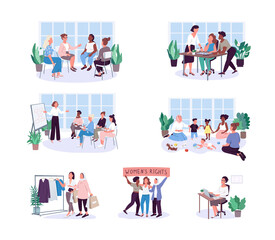 Girls activities flat color vector faceless characters set. Shopping with girlfriends. Business lady. Feminism movement isolated cartoon illustrations collection for web graphic design and animation