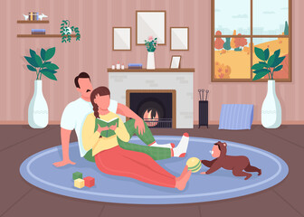 Family relax at home flat color vector illustration. Mother and father sit together on floor. Baby play with toys. Parents with toddler 2D cartoon characters with interior on background