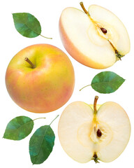 Yellow apple fruit isolated on white Background, Toki apple fruit with leaf isolated on white With clipping path