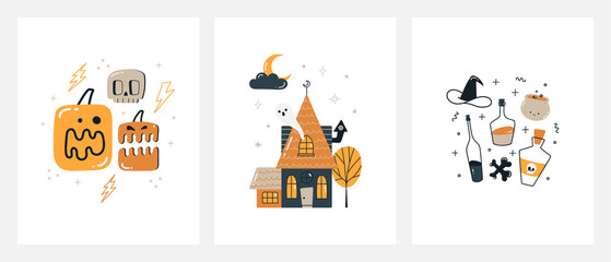 A set of cute modern Halloween posters. Invitation to a Halloween party. Greeting card for Halloween. Pumpkin, autumn, trick or treat, Halloween sweets.