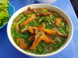 Vietnamese traditional breakfast dishes. Pho, vermicelli, cake.