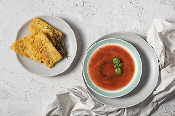 Fresh Tomato soup with polenta and Basil