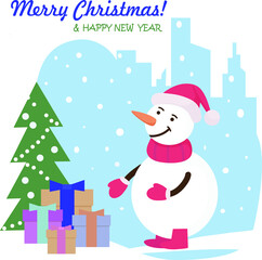 Merry Christmas and Happy New Year!  Snowman wearing a red knitted scarf and a Santa Claus hat. Nearby is a bag with gifts. Symbol of Christmas. Congratulations card. Vector flat illustration