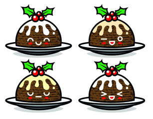 Set of cute vector Christmas pudding characters with different emotions. Can be used for festive design, brochure, flyer, packaging, wrapping and any kind of decoration.