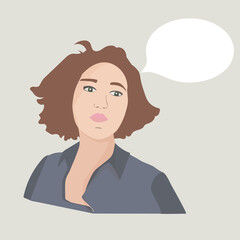 Portrait of a beautiful young girl with curly hair. A woman with a speech balloon. Vector flat illustration