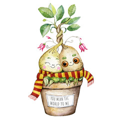 Valentines day  watercolor illustration,  Ideal pair illustration, cute plant