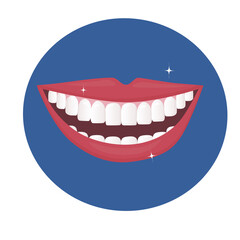 The smile of a man with his mouth wide open. Snow-white healthy teeth as an example of proper care.  Daily oral hygiene. poster for dental design. Flat illustration