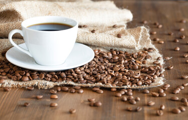 Coffee drink in a white cup. freshly brewed coffee. Food background, banner.

