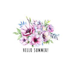 Floral Wreath watercolor illustration, hello summer illustration
