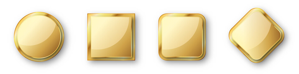 Set of gold banners. Empty gold frames or badges isolated.