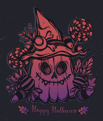 Vector illustration, Happy Halloween, pumpkin in witch hat, candy, leaves, mysticism, prints, background dark. Handmade