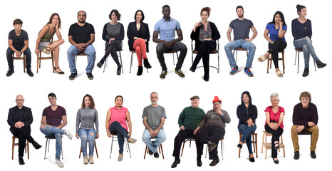large group of mixed people siiting on chair on white