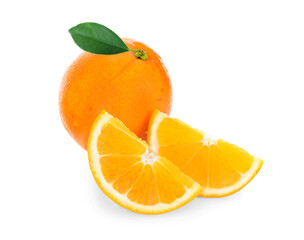 Orange fruit with orange slices and leaves isolated on white background