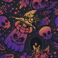 Vector illustration, Happy Halloween, pumpkin in witch hat, skull, candle, leaves, mysticism, background  dark,seamless pattern. Handmade, prints
