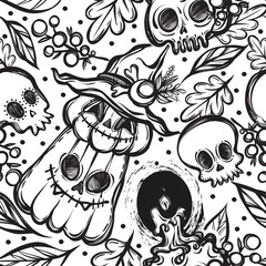 Vector illustration, Happy Halloween, pumpkin in witch hat, skull, candle, leaves, mysticism, background  white,seamless pattern. Handmade, prints