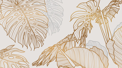 Papier peint de luxe art déco doré. Motif floral avec plante Philodendron à feuilles fendues dorées avec dessin au trait de plante monstera sur fond vert émeraude. Illustration vectorielle.