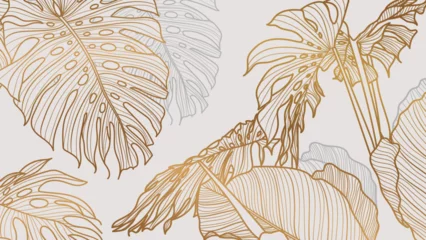 Papier Peint photo Salle à manger Papier peint de luxe art déco doré. Motif floral avec plante Philodendron à feuilles fendues dorées avec dessin au trait de plante monstera sur fond vert émeraude. Illustration vectorielle.