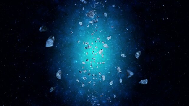 Flying many asteroids in deep space background. Broken splash explosion. The starry sky. 3D animation of meteorites rotating. Loop animation.