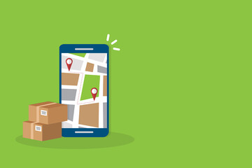 Obraz premium Parcel delivery tracking on mobile phone.Smartphone with city map on screen and pin pointers, destination location with packaging boxes.Vector illustration.