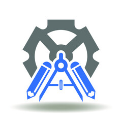 Cogwheel with drawing compass and pencil icon vector. Designing Architecture BIM Engineering Construction Symbol.