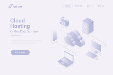 Cloud hosting Isometric Flat white monochrome vector concept.