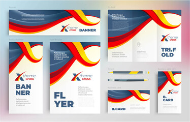X cross waves theme Set flyer cover, tri-fold, banner, roll up banner, business card