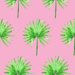 Simple seamless pattern with watercolor palm leaves on bright pink. Texture with tropical leaf repeat.