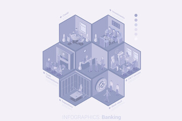 Business People in Bank Isometric Flat white monochrome vector concept.