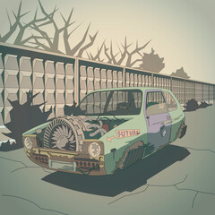 Cyberpunk car on the background, 
post-soviet, dark stile. Vector illlustration
