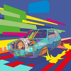 Cyberpunk car on the background, rushes through 
in bright colors. Vector illlustration