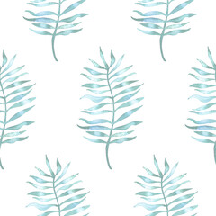 Simple light seamless pattern with watercolor palm leaves on white. Texture with tropical leaf repeat.