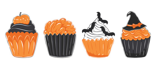 Halloween set of illustrations with cupcakes in black and orange colors