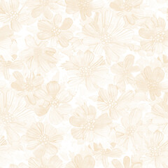 Watercolor wild beige cosmos flowers seamless pattern. Hand painted raster texture.