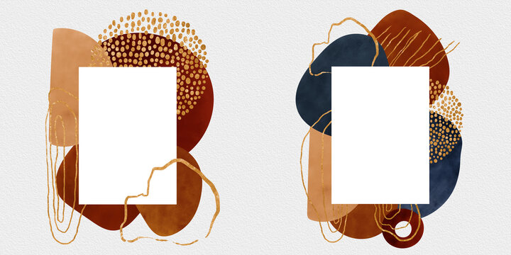 Fototapeta Set of groups of watercolor geometric shapes, golden lines, splashes and stains, water drops isolated on grey paper background. Abstract illustration and modern print for design logo, cover, pattern