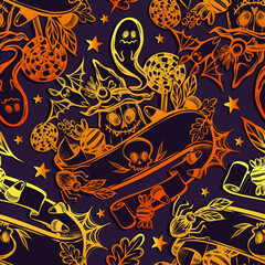 Vector illustration, Happy Halloween, pumpkin in witch hat, candy, bat, ghost, mysticism. Handmade, prints, seamless pattern, dark background