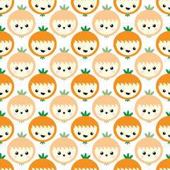 Cute kawaii oranges seamless vector pattern background. Laughing cartoon tropical citrus fruit on white backdrop. Fun quirky faces design. Geometric all over print for kids healthy food concept.