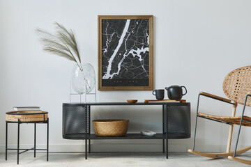 Modern scandinavian living room interior with mock up poster frame, design commode, leaf in vase,...