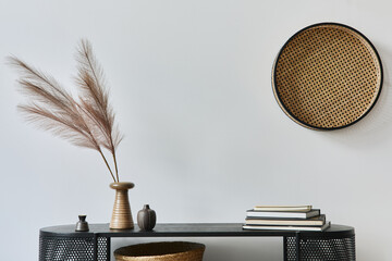 Stylish scandinavian home interior with design wooden commode, books, decorations, copy space and elegant personal accessories in modern home decor. Template.