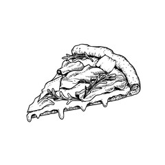 Hand drawn sketch style pizza slice. Prosciutto crudo pizza with mozzarella, tomato sauce, italian ham prosciutto, arugula leaves and melted cheese. Best for pizzeria package and menu designs.