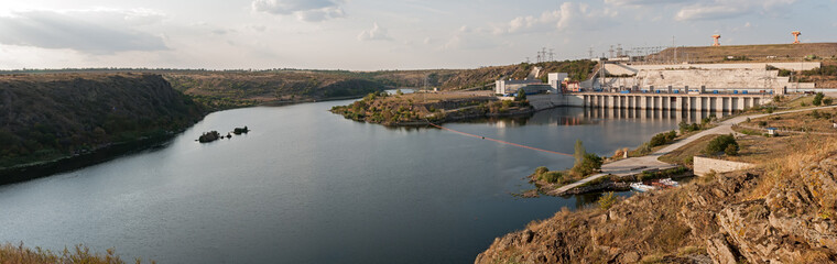 Fototapeta na wymiar The Dniester river panorama with the Pumped Storage Power Station on the Dniester River in Ukraine
