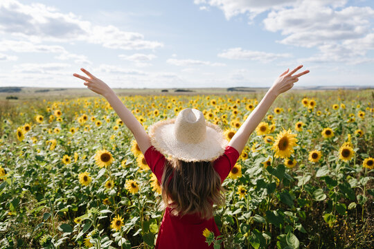 Beautiful young woman in red dress and a straw hat is showing peace gesture against a yellow field of sunflowers. Summer time. Back view
