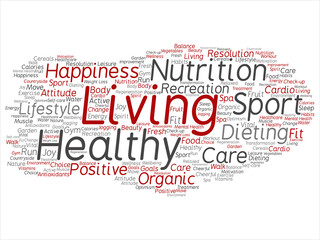 Fototapeta premium Vector concept or conceptual healthy living positive nutrition sport abstract word cloud isolated background. Collage of happiness, care, organic, recreation workout, beauty, vital healthcare spa text