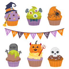 The collection of halloween cupcake in flat vector style. 
Graphic resource about halloween party for graphic,content , banner, sticker label and greeting card.