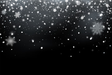 Falling snowflakes. Snow fall with transparence on black background, without overlay effect. Christmas snowed vector backdrop